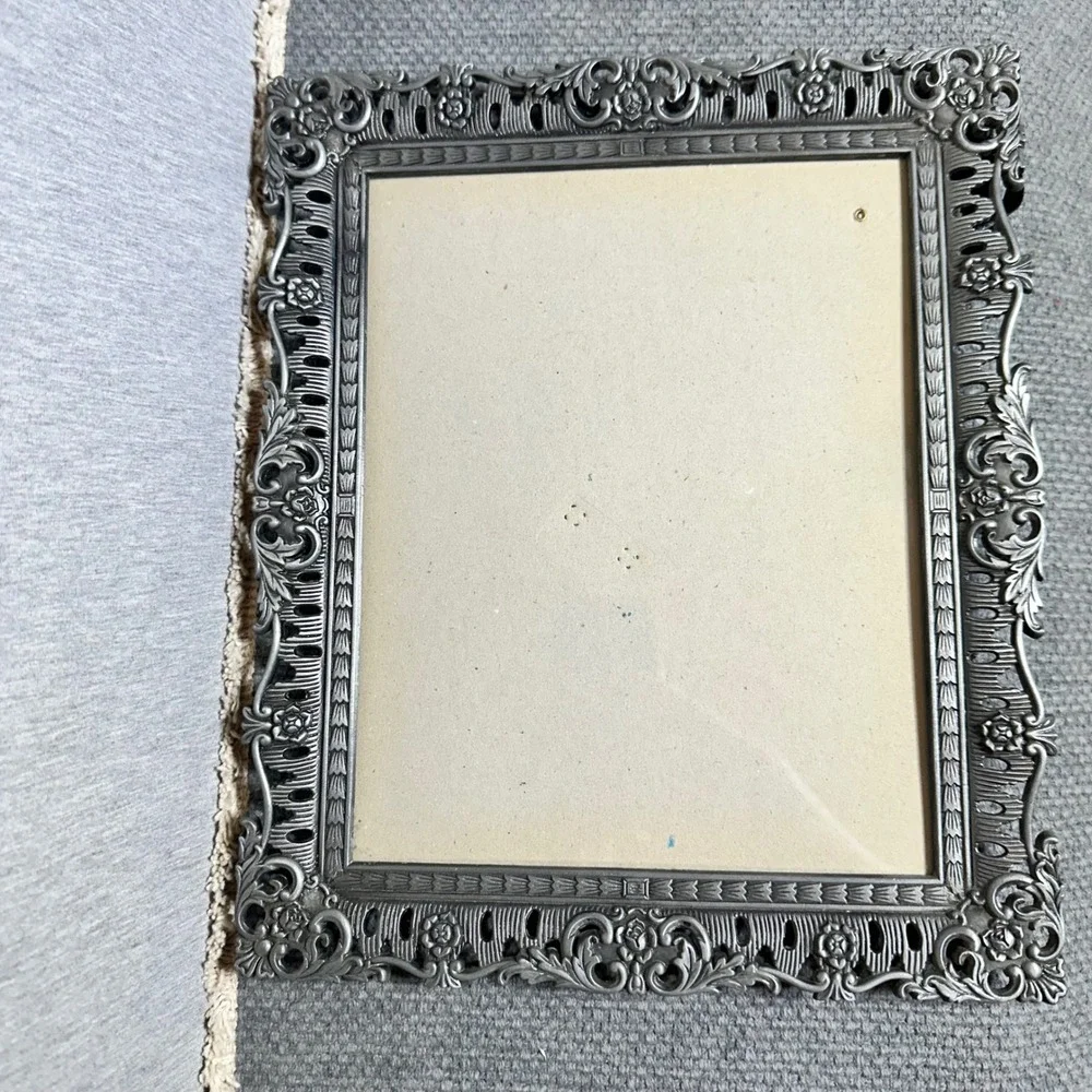 Vtg Ornate Pewter Tone Metal Scrollwork 8x10 Pic Frame Chic Shabby Cottage Rose